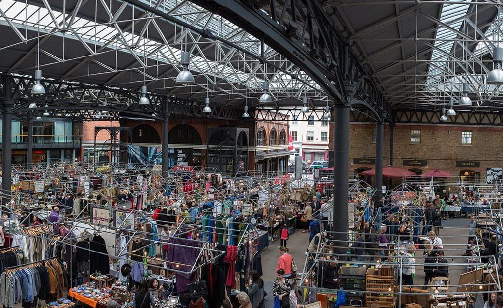 Aerial view of small business owners inside Spitalfields market, London