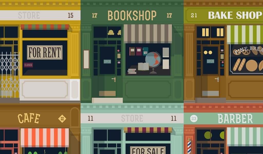 Supporting Small Business Saturday - illustrations of multicolored shop fronts image